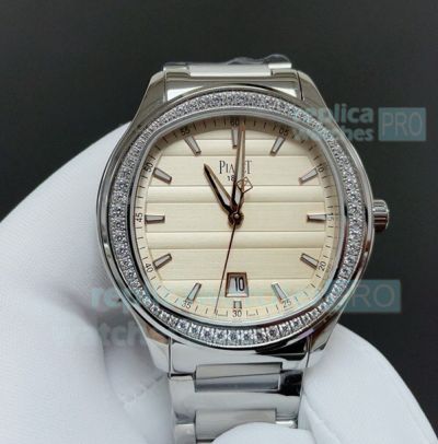 TWF Clone Piaget Polo S 150th Stainless Steel Cream Diamond Bezel Watch